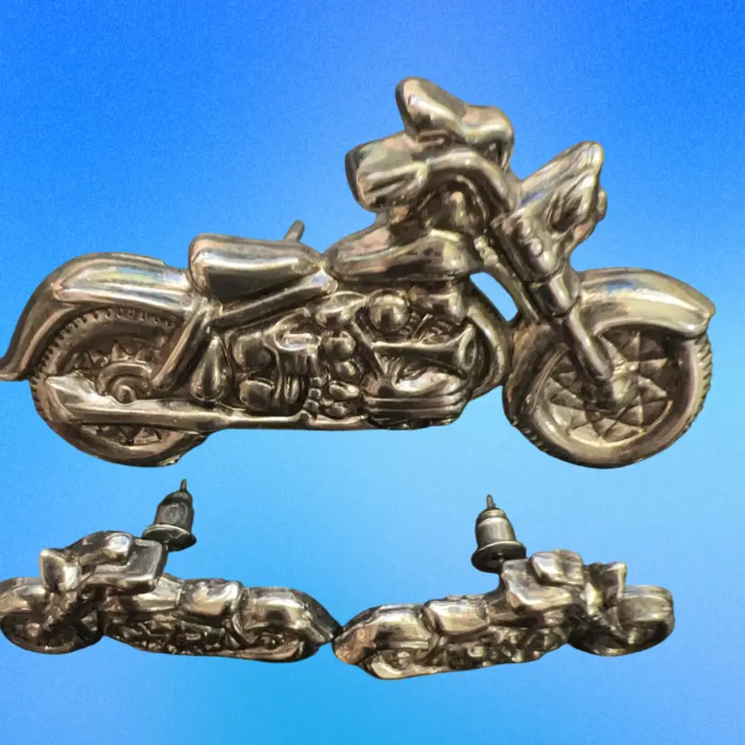 Vintage BEST Shiny Silver Tone 2.25" Motorcycle Brooch Pin / Pendant And Matching Pierced Earrings