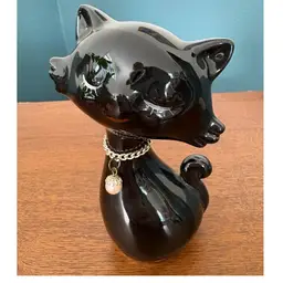 Vintage MCM Ceramic Black Cat Pink Pearl Necklace 5” Japan