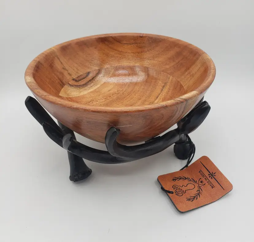 Vintage Wood Snack Bowl on Metal Antlers Stand Made In India Man Cave Cabin Decor.