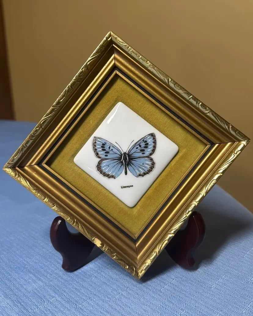 Limoges porcelain tile hand-painted blue butterfly velvet border gold frame