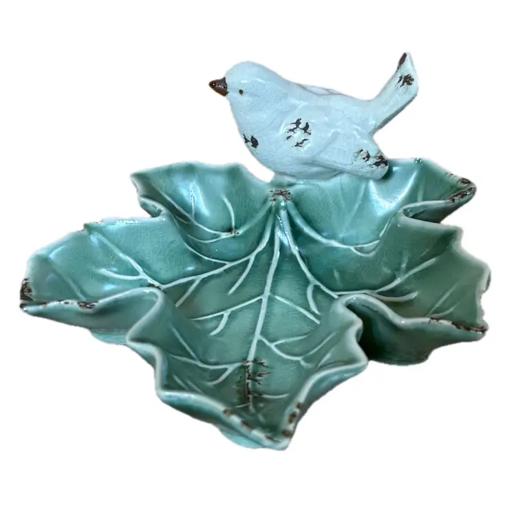 Creative Co-Op Green Leaf Bird Trinket Dish Ceramic Botanical Nature Cottagecore