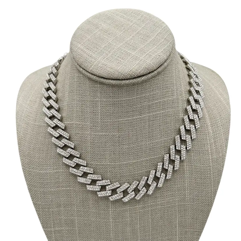 Adornia Silver Tone Edgy Crystal Chunky Cuban Chain Necklace