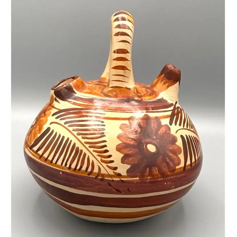 Hand-Painted Tonala Ceramic Water Jug – Floral & Leaf Motifs, Traditional Mexican Pottery