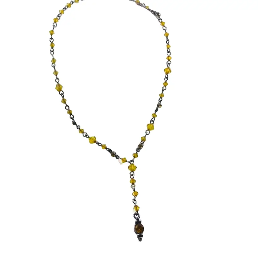 Vintage Costume Jewelry Necklace Dark Silver Tone Metal And Yellow Glass Beads 