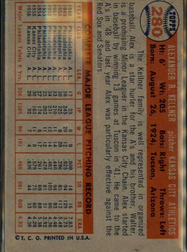 1957 Topps #280 Alex Kellner - ( pk1 ) - Kansas City Athletics