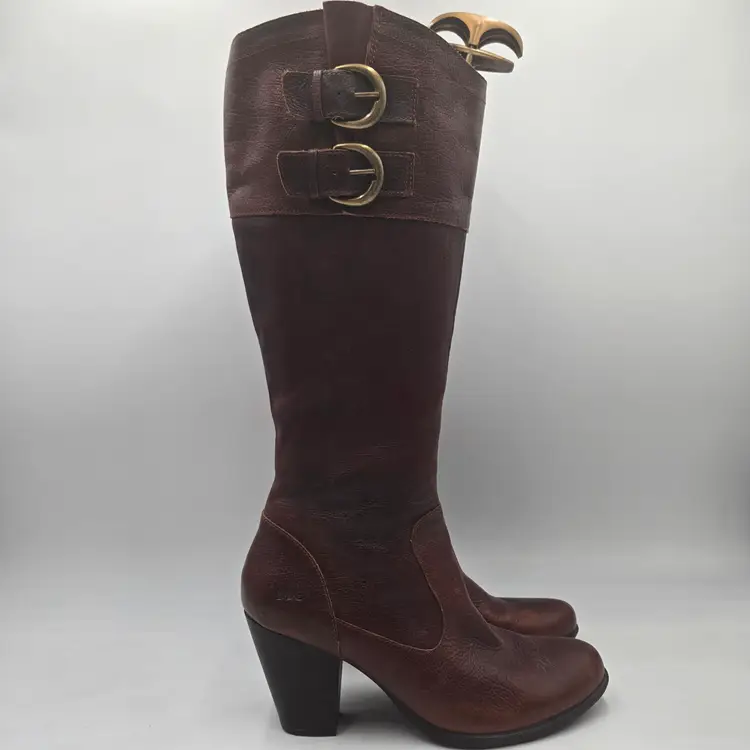 BOC Born Concept Women’s Brown Leather Riding Boots Size 10 Side Zip Buckle