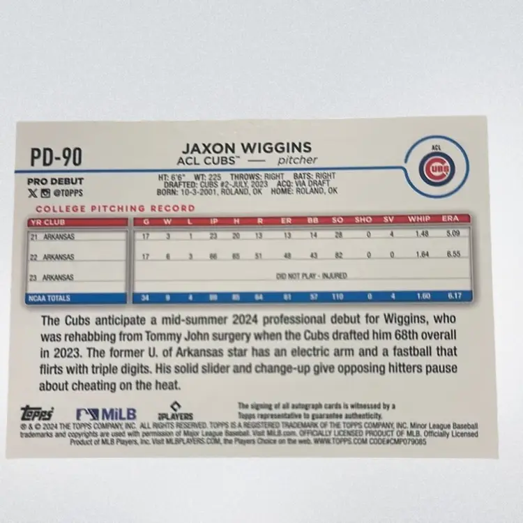 Jaxon Wiggins 2024 Topps Pro Debut Autograph