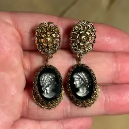 Vintage Ornate West Germany Glass Cameo Clip On Earrings