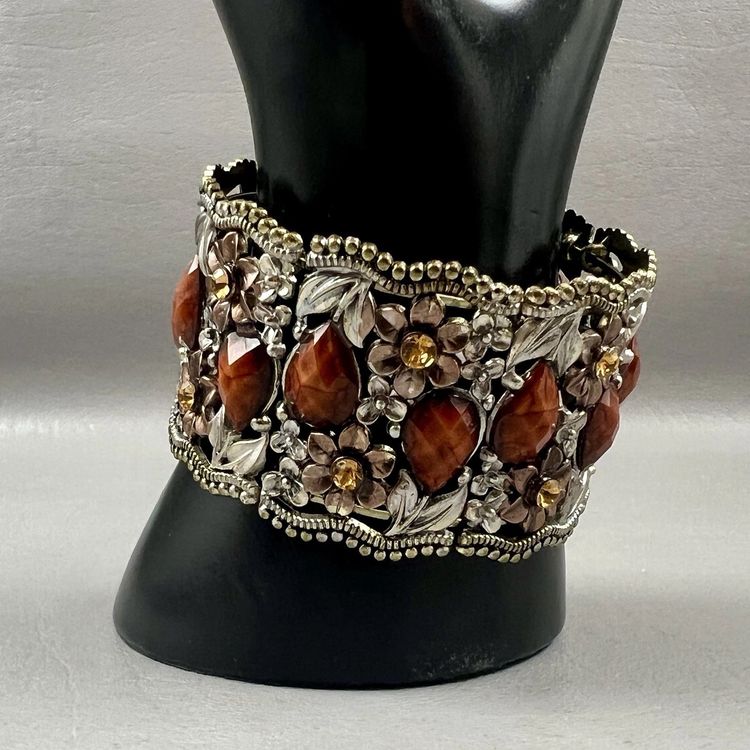 Ornate Silver Tone Wide Cuff Bracelet Amber Faceted Rhinestones Flowers 2.5"