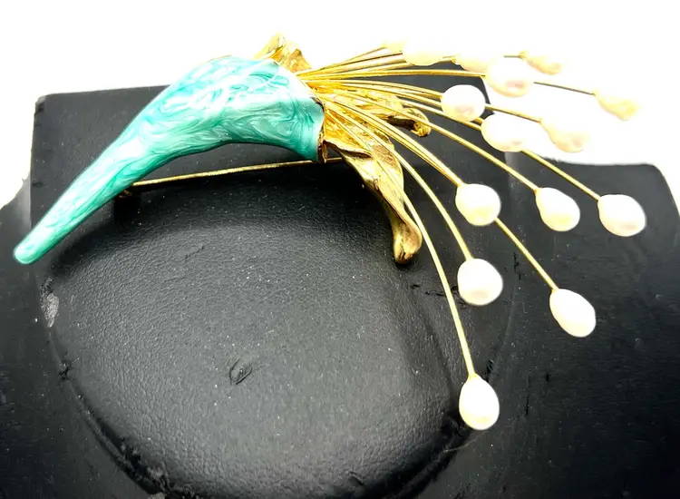 Pearl Bouquet Brooch, Fresh Water Pearl Cluster Spray, Green Enamel Vase, Gold Tone Wedding Pin
