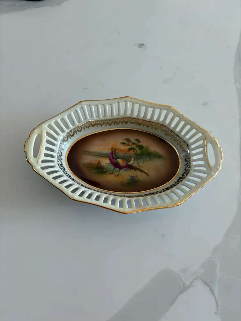 Crown Bavaria Pheasant Quail Trinket Dish Reticulated Rim & Gold Trim