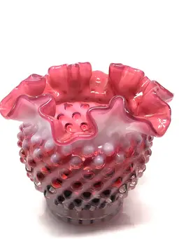 Fenton Cranberry Opalescent Hobnail Ruffle Top Rose Bowl Vase