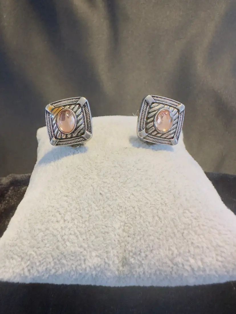 #30 Vintage Clip On Silver Tone Earrings Square Shape With Pink Cabochon Stone