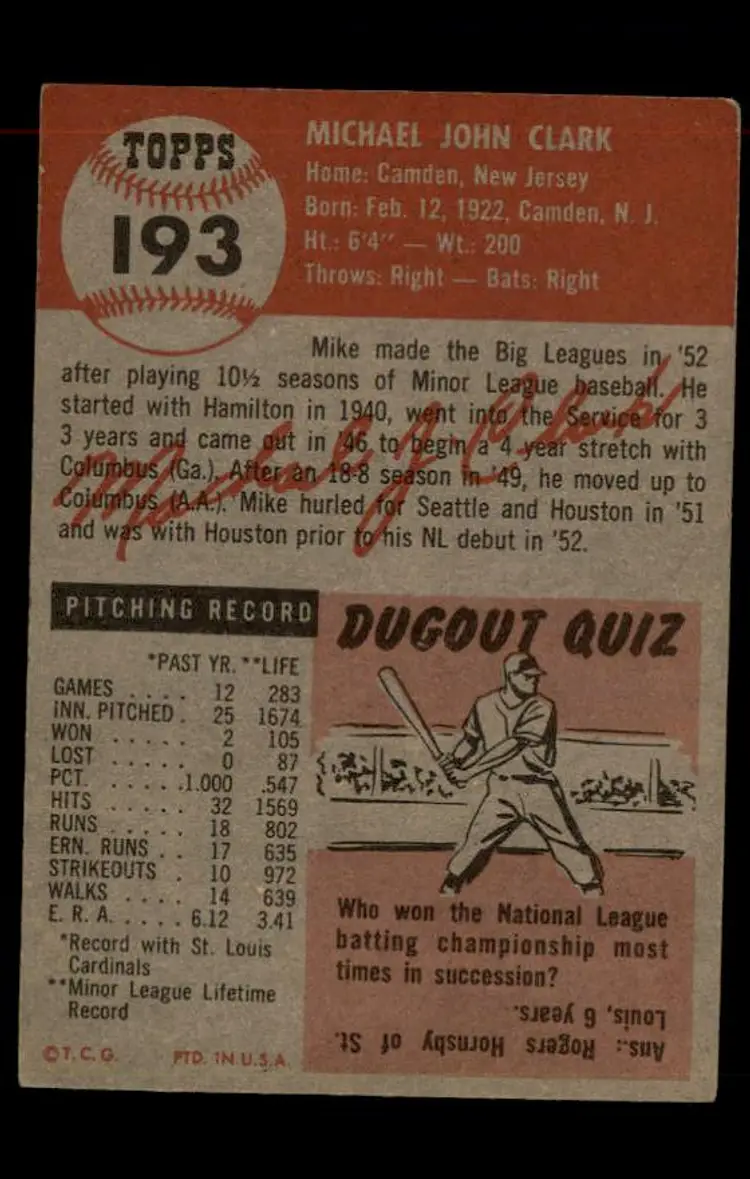 1953 Topps #193 Mike Clark - (pk-tl1) - St. Louis Cardinals
