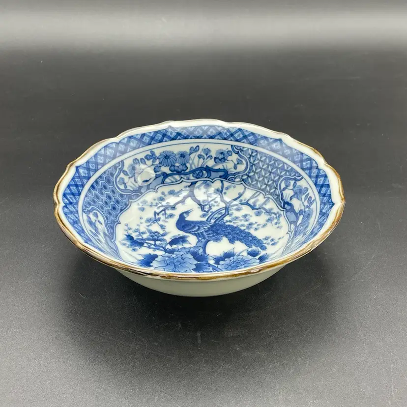 Blue and White Porcelain Bowl with Peacock Bird Gold Trim VTG Andrea by Sadek