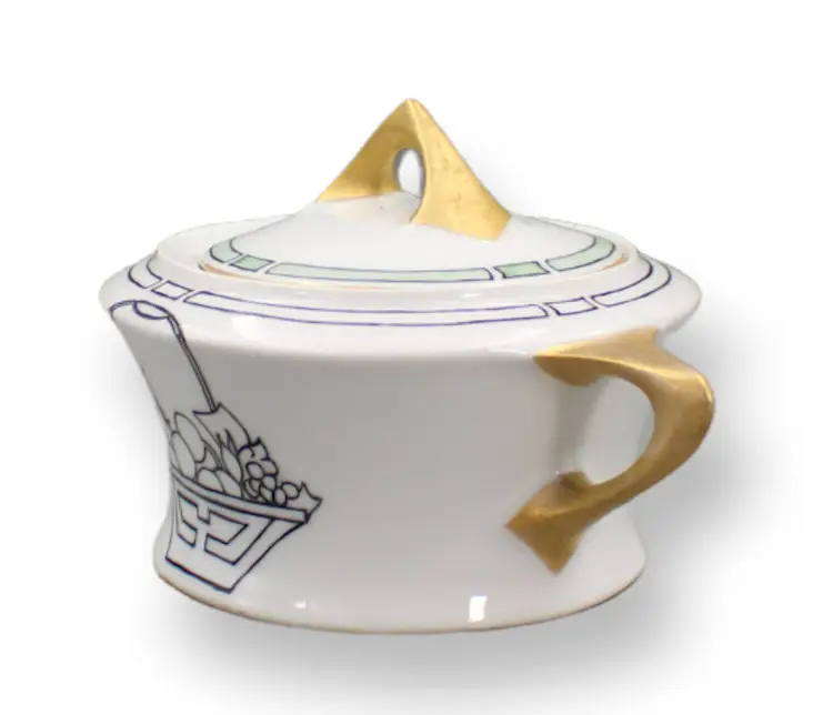 Art Deco Bavarian Sugar Bowl With Fruit Basket Design Green/Gold Trim Vintage