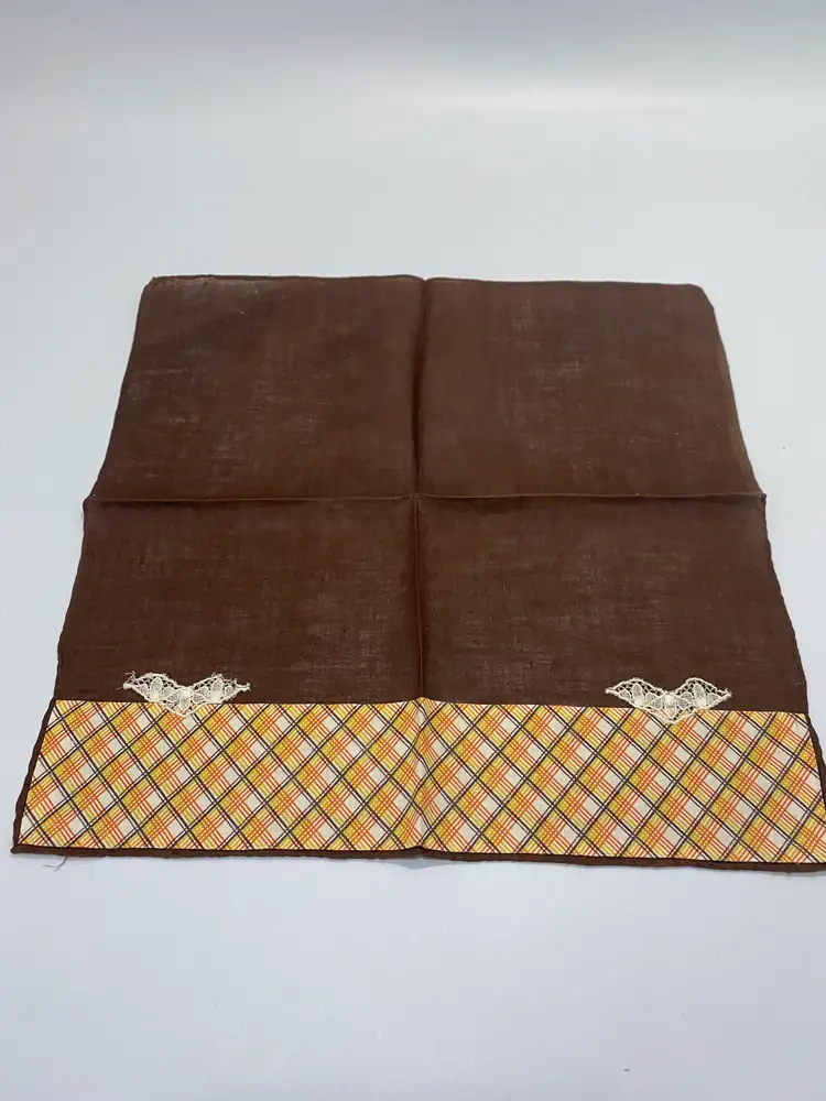 Vintage Brown, Orange & Yellow Plaid w/ Lace Accent Handkerchief 10.75" x 10.75"