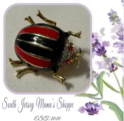 Vintage Gold Tone Red And Black Enameled Beetle Brooch With Rhinestone