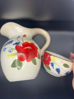 20-Pfaltzgraff Pitcher And Small Bowl - Scarlet Design - Pitcher 8”, Bowl 5”Diameter, 3” Deep