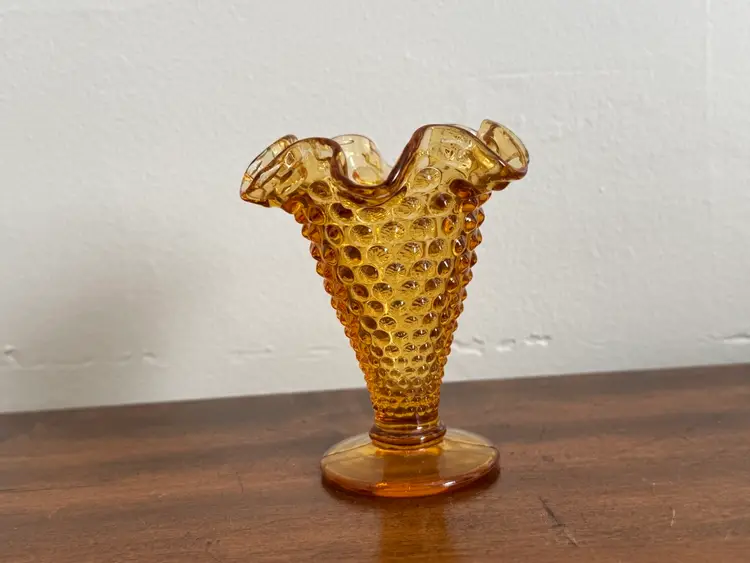 Vintage Fenton Glass Hobnail Trumpet Vase In Amber
