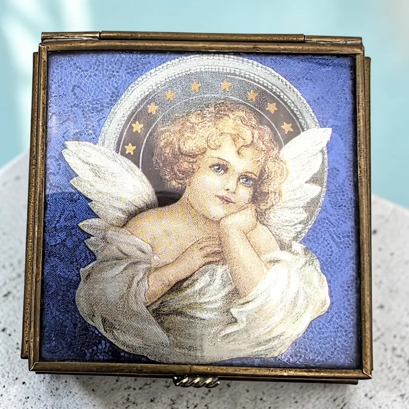Angel Cherub Mirror Trinket Box Vtg 1993 Thomas Cathey Collection Square Foil