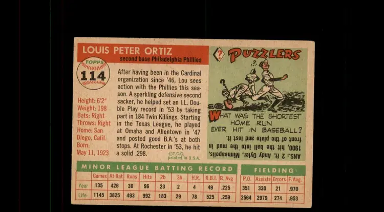 1955 Topps #114 Lou Ortiz - (pk-tl1) - Philadelphia Phillies