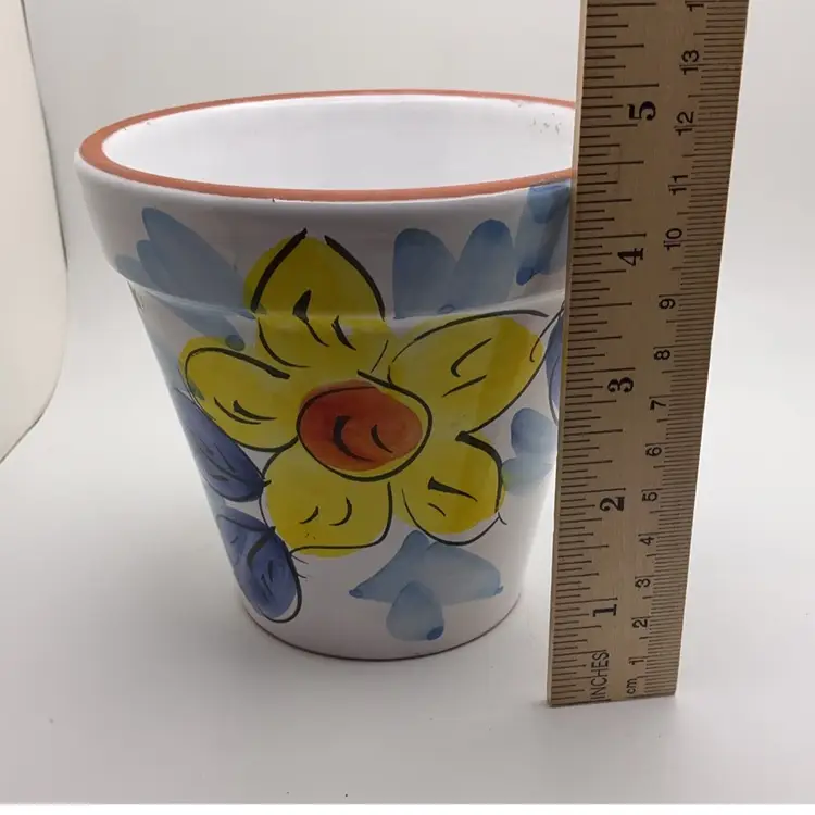 FFF Pottery Terracotta Planter with Flowers Portugal 4.5 x 4.76” Hand Painted