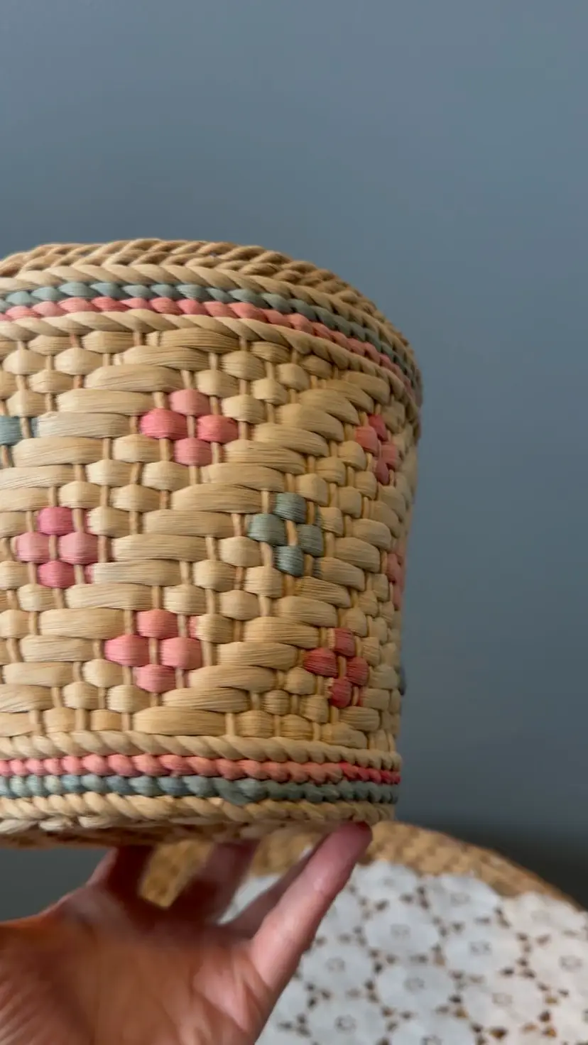 Vintage Handwoven Pink & Blue Grass Basket - Coiled