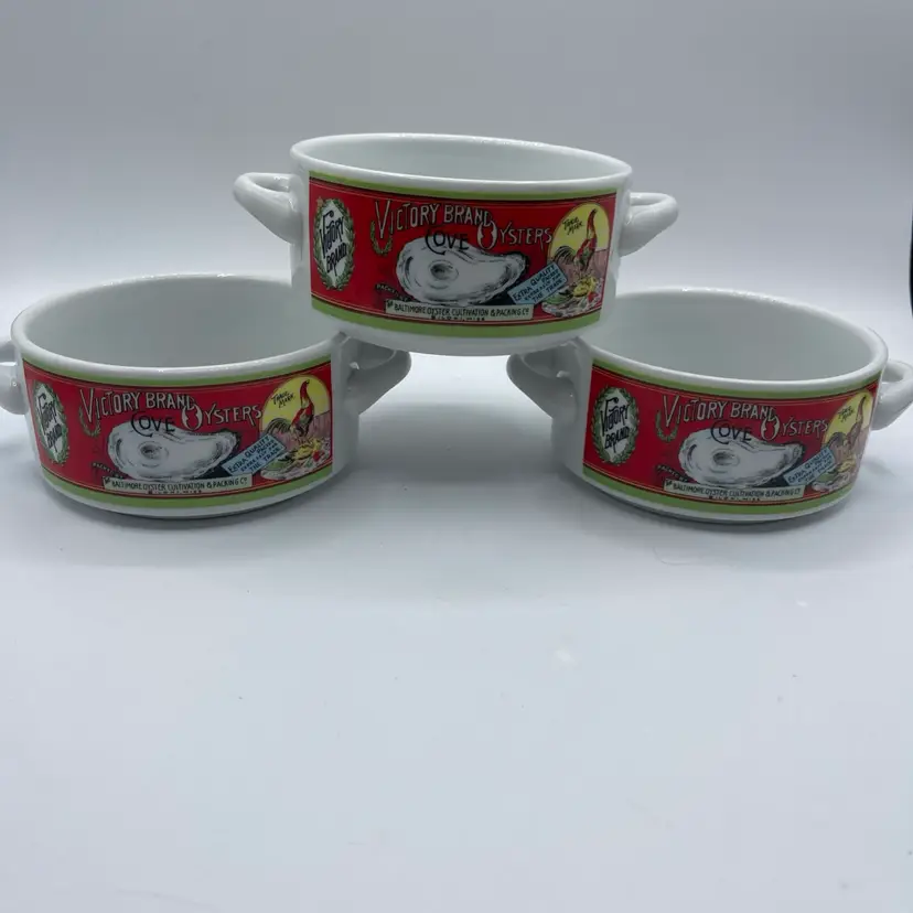 Fabled Labels Seafood Bowls Double Handle Victory, Brand Oyster Set Of 3