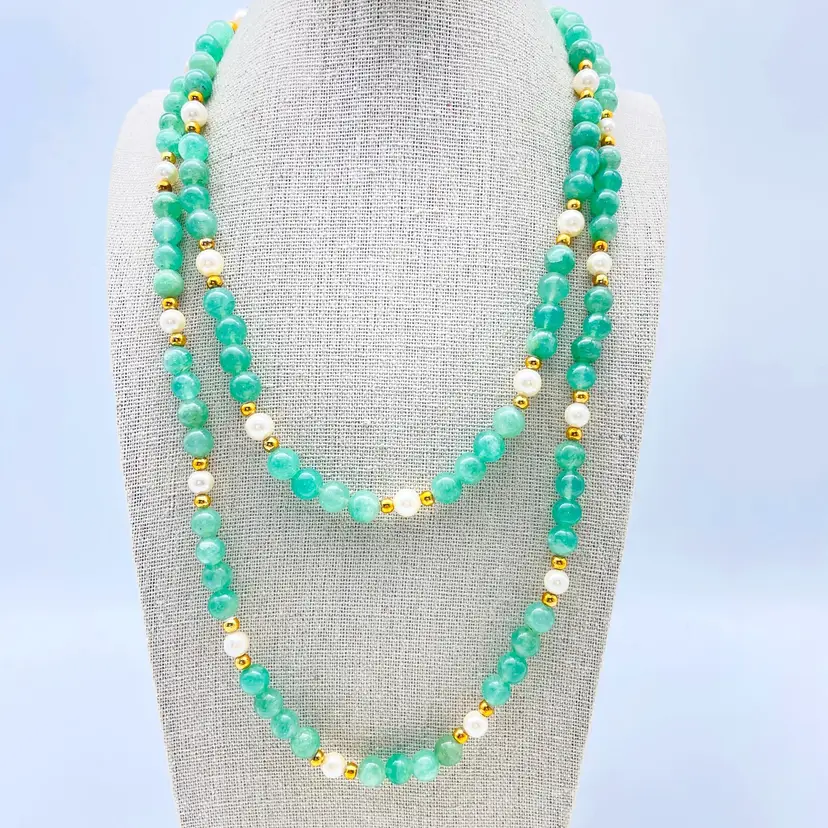 Green Stone Necklace Lot of 2 Gold Tone Short and Longer Lengths Marked GSILVER 17611