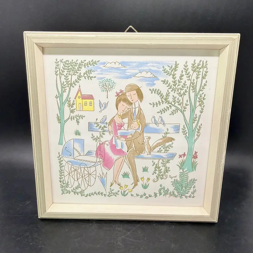 Vintage Raymond Peynet Rosenthal MCM Decorative Ceramic Tile Frame Pastel Family