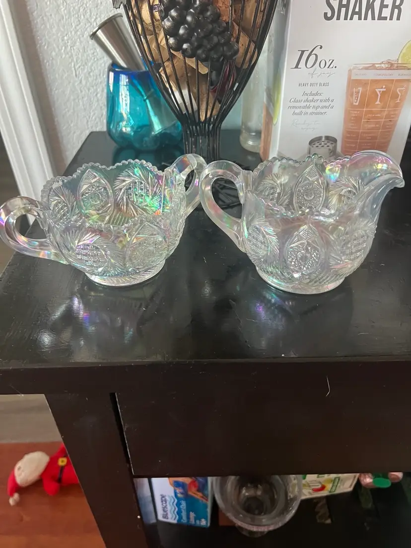 LE Smith 2 piece, VINTAGE IRRIDESCENT CARNIVAL GLASS CREAMER AND SUGAR BOWL