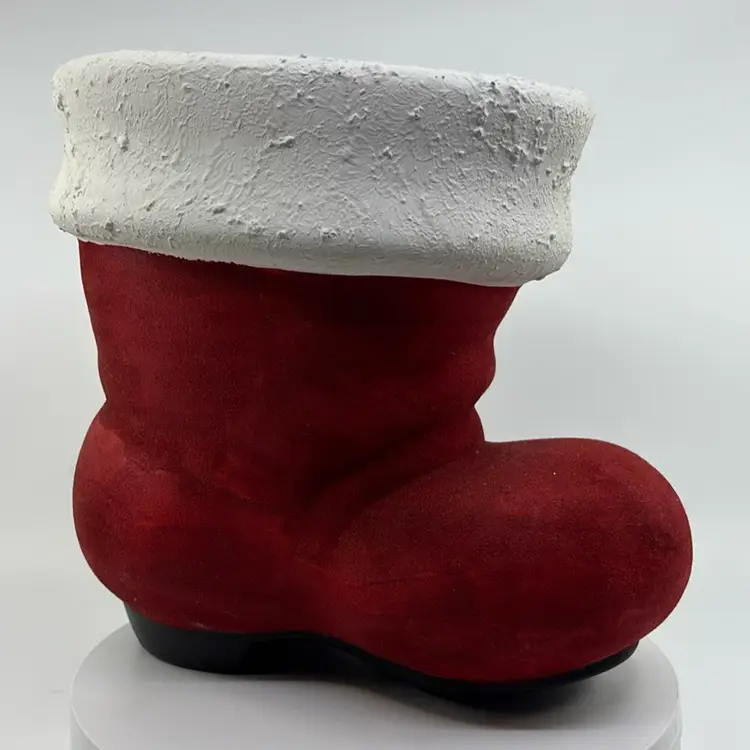 Vintage Oversized Flocked Santa Boot Planter 9.5H 9.5L