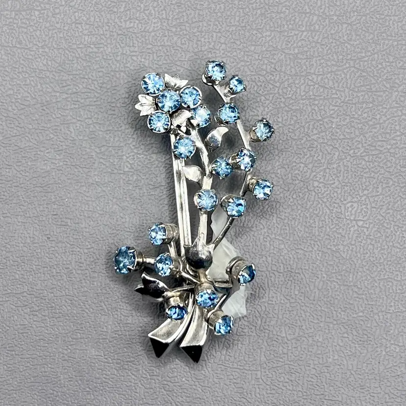 Vintage Blue Rhinestones Flower Bouquet Floral 2.25" Brooch Silver Tone