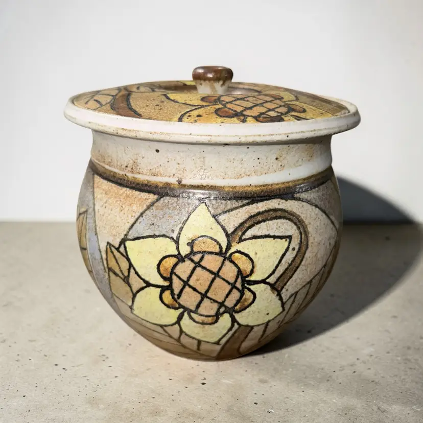 Signed Studio Pottery Lidded Jar Canister Floral Handmade Art Pottery 1970s Jeff Vintage Ceramic Rustic Boho Kitchen Storage