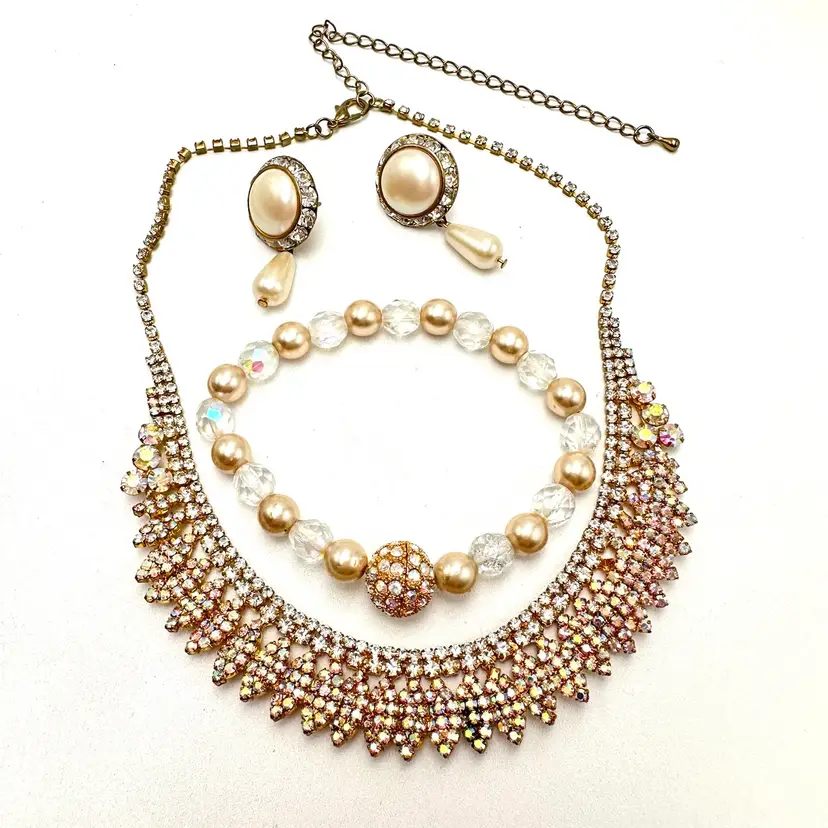 AB Rhinestone Faux Pearl Necklace Earring Bracelet Gold Tone **Read** Paired Bridgerton Inspired Jewelry Lot