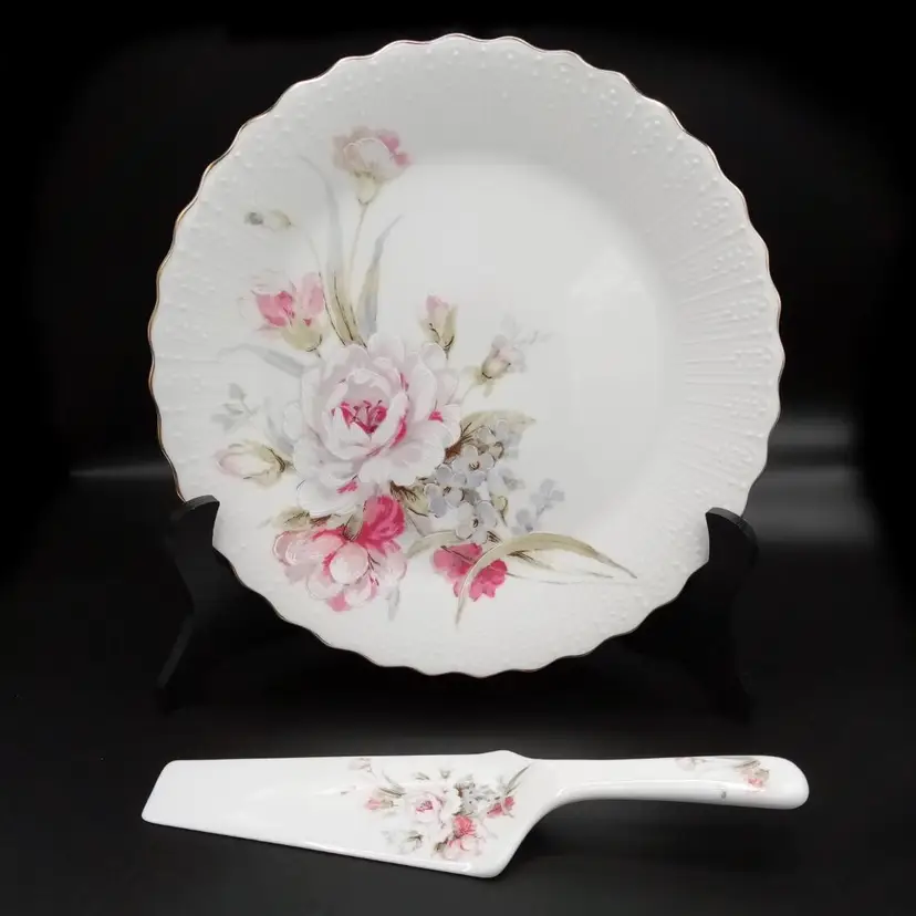 #011 - Andrea By Sadek Cake Plate and Server, Floral Pink Rose With Gold Edge