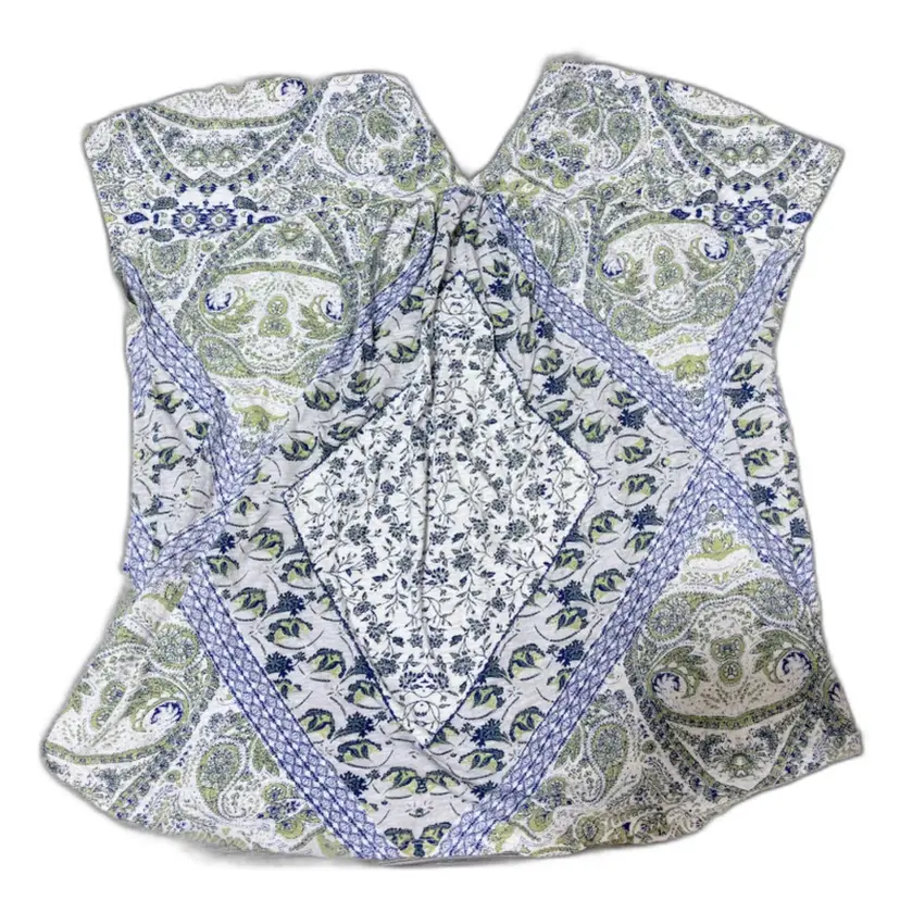 Lucky Brand Top L White Blue Floral Print V-Neck Button Front Boho Cottagecore