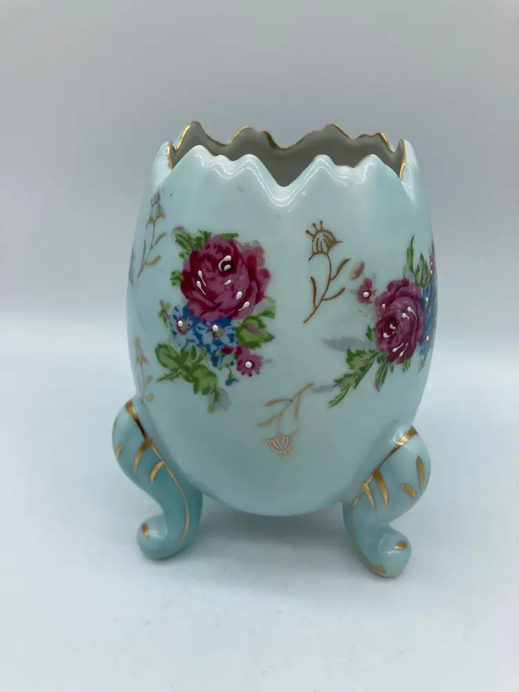 Blue Cracked Eggshell, Victorian Vase, Hand Painted Roses, Napcoware C3199/M