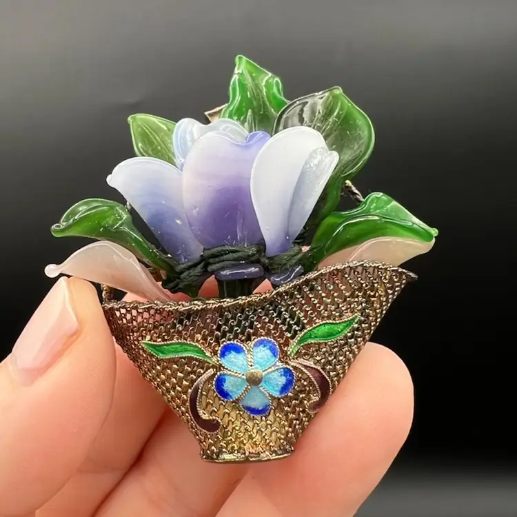 Vintage Chinese Exports Glass Flowers And Cloisonné Brooch/Pendant In Box