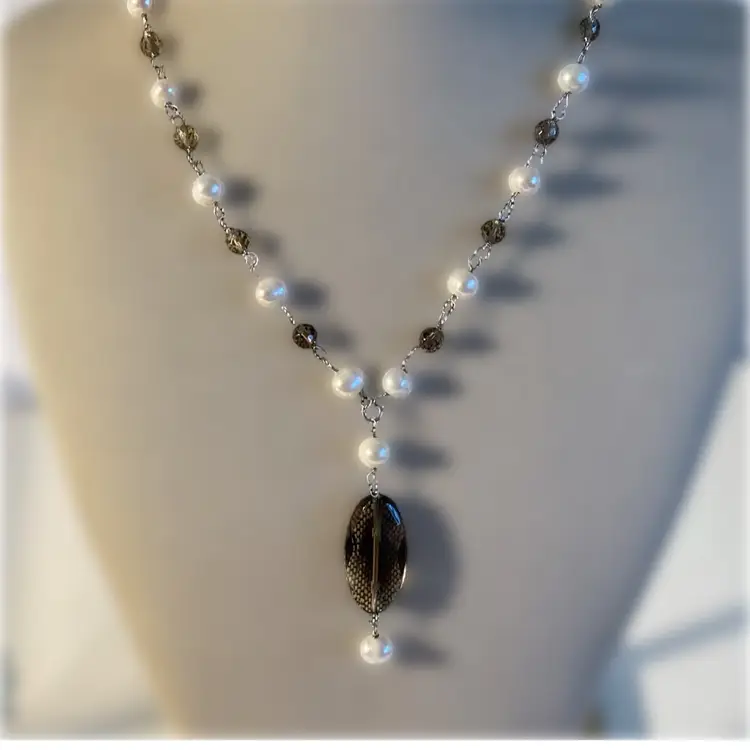Vintage Silver, Ringed Oval Pearl and Smokey Glass Necklace