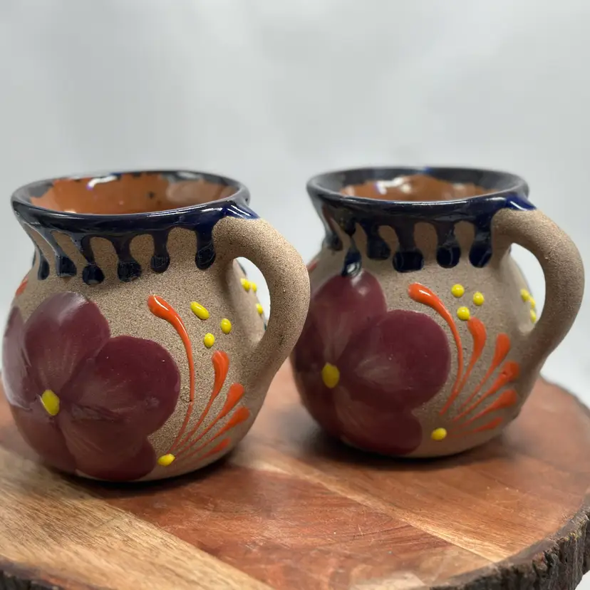 Redware Mexican Clay Pot Bellied Coffee Mugs Vibrant Colors! - Set of two