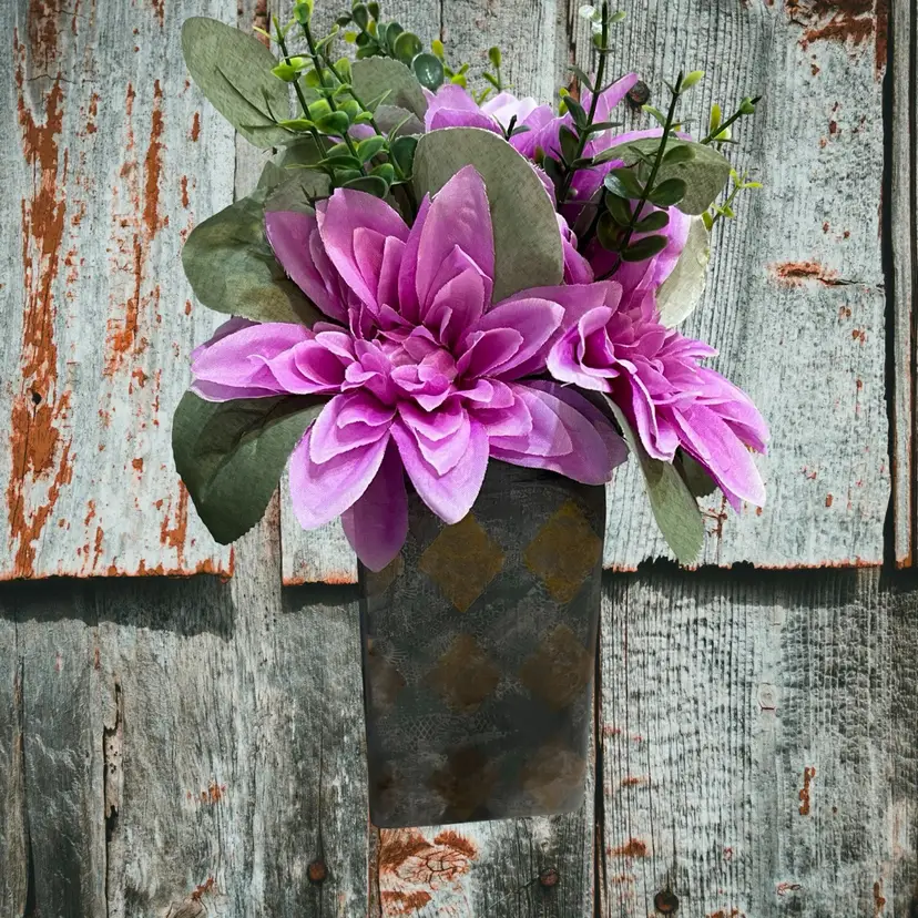 UpCycled Wooden Jar Floral Arrangement Harley Quinn, Approximately 11 Inches Tall Cottage Core Made By Me Drnksuzy OOAK Original