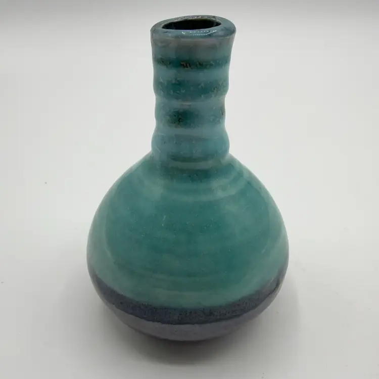 Weed Pot Aqua Black Shiny Glaze Signed Yany