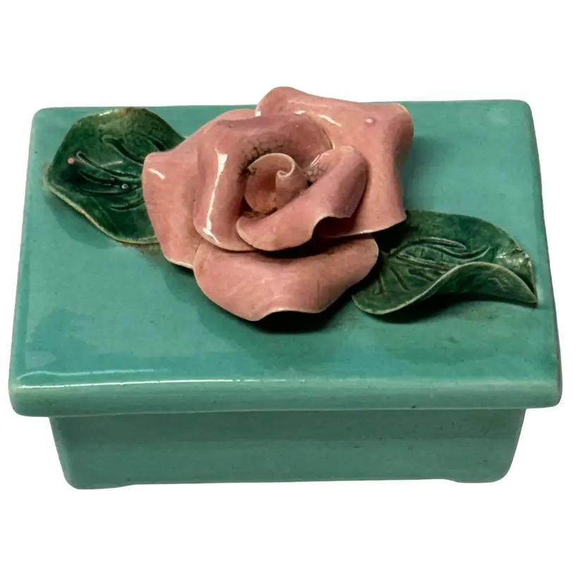 VTG Ceramic Lidded Pink Rose Green Jewelry Keepsake Trinket Box 3.5"x2.5" Signed