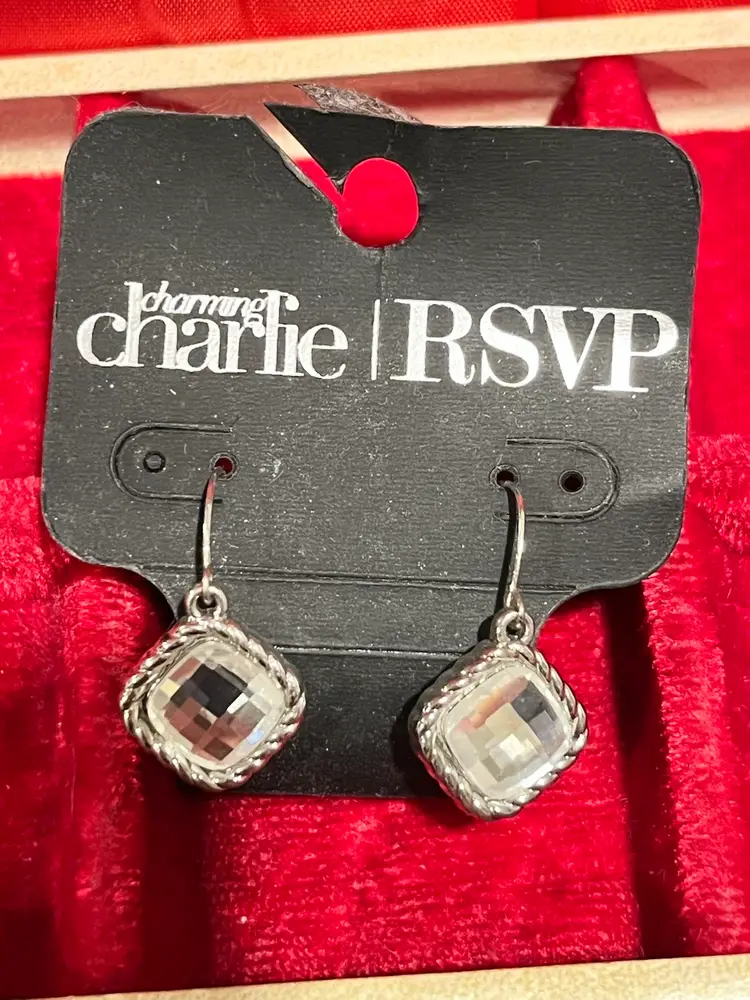Charming Charlie RSVP silver-tone drop earrings with clear faceted cushion-cut stones and a rope-twist border