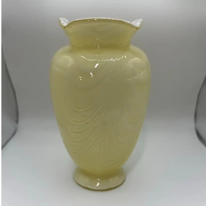 Fenton Glass Yellow Overlay Cased 7" Feather DraperyVase