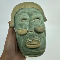 Olmec-style Mask Pottery Paperweight Sculpture