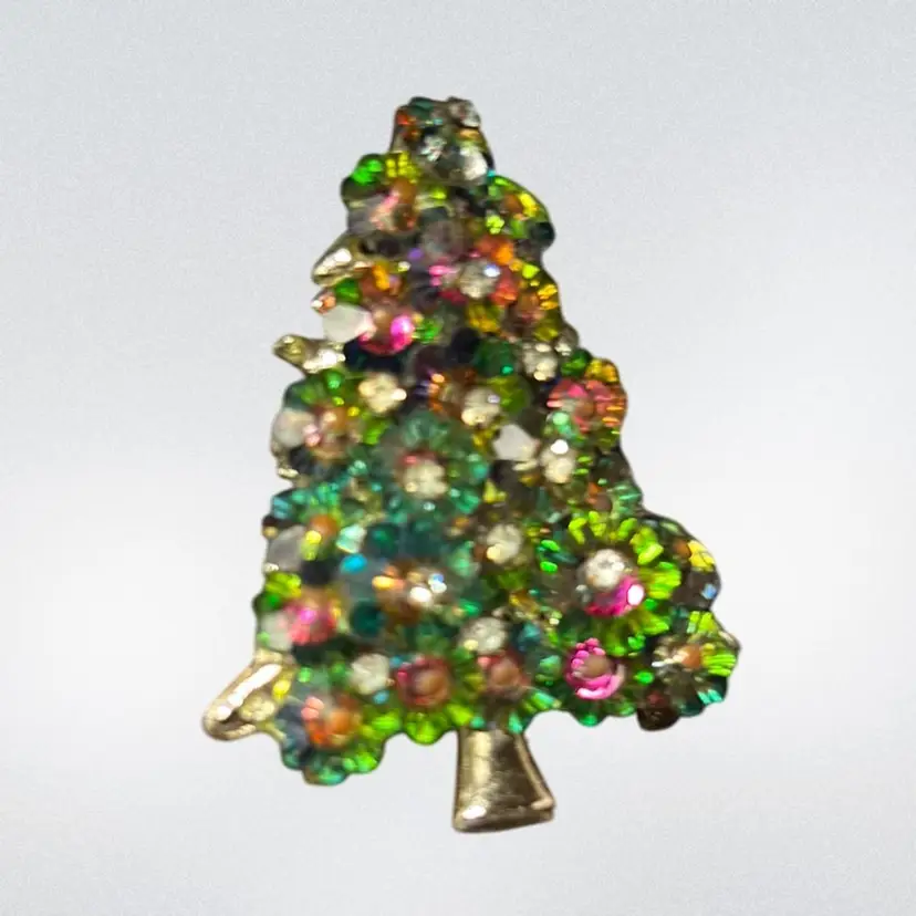 #04 - GOLD TONE Dimensional Rivoli  Rhinestone Christmas Brooch 2”x 1.5