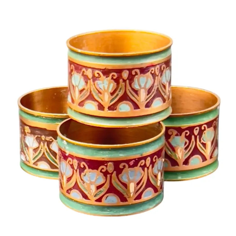 Copper Napkin Rings 4pc Cloisonné Red Green Enamel